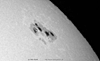 © N. Kloth; Sonnenfleck vom 28.10.2003, 4''-Refraktor, AstroSolar Sonnenfilterfolie + 16 mm Ortho, afokal mit Kodak Digitalkamera DX 3900, Originalausschnitt (1:1) aus dem Vorbild, starke Luftunruhe.
